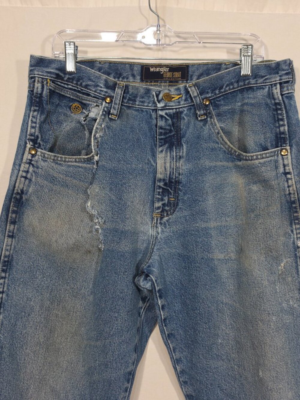 WRANGLER "George" GRUNGE Natural Fraying/Distressing TRASH Blue Jeans Men 34x34. - Picture 3 of 16